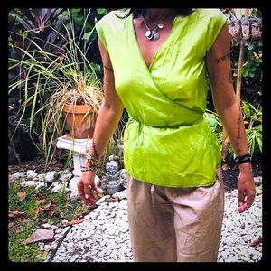 BASE sequined chartreuse silk top sz S New